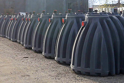 Row of polyethylene plastic septic tanks